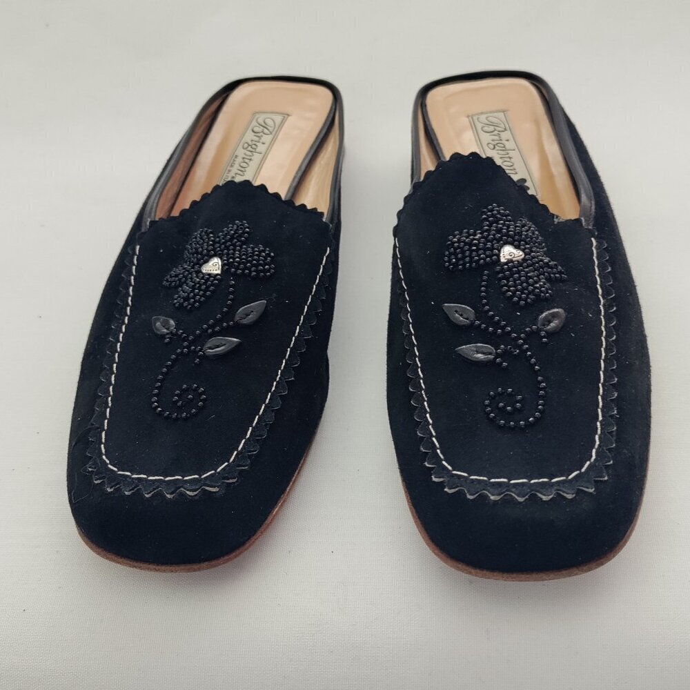 Brighton Leather Melanie Size 9 Slides Mules Shoes Beaded Silver Heart Black - Picture 2 of 6